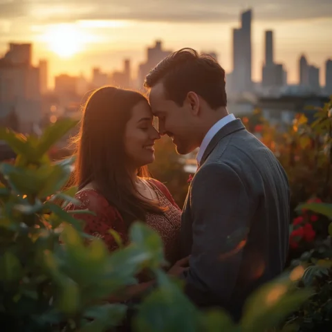 Romantic Couple Sharing a Tender Moment Under the Golden Sunset